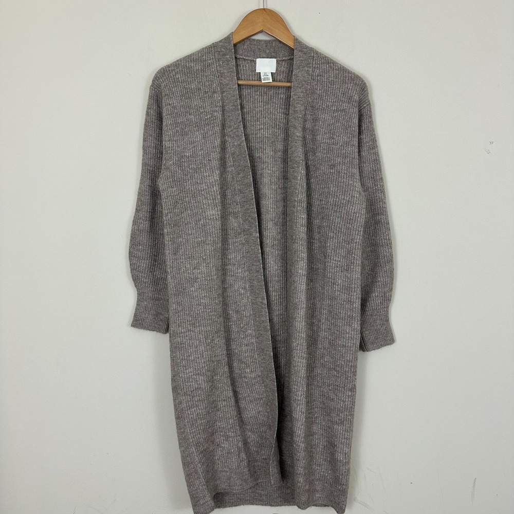H&M Langer Wool Cardigan Sweater Heather Brown Ribbed Knit Open Front Womens S